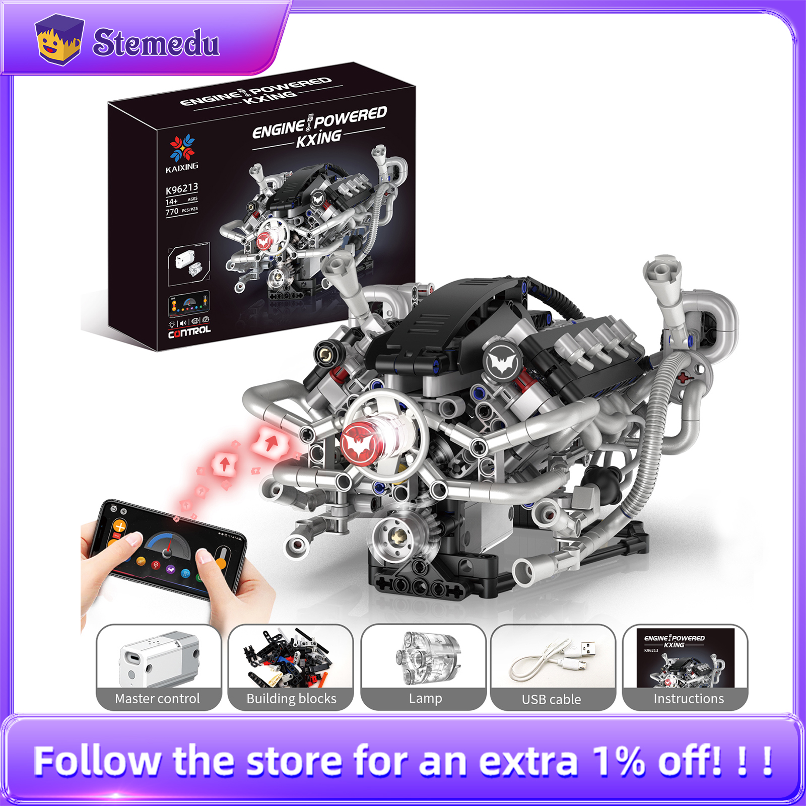 Model Kit Engine V8 - K96213 770pcs V8 Engine Model Bricks